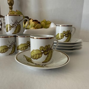 Juego de taza y platillo vintage F. Chauvigny Soleil Matinal Demitasse, tazas de espresso francesas, juego de porcelana de 5, borde dorado botánico