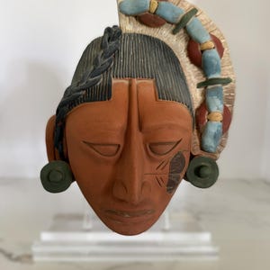 Vintage terracotta wall mask, hand-painted red clay pottery face, Mexico artisan wall decor Aztec-style reproduction mask