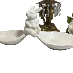 White ceramic bunny serving dish, Pottery Barn white ceramic divided candy nut dish, Easter bunny decor, rabbit bunny Easter serving dish