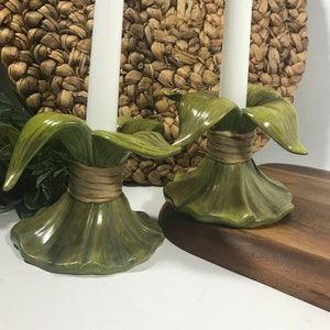Green ceramic candle holder, green leaf ceramic candle holders, Vintage ceramic botanical candle holders, Spring decor, Easter decor