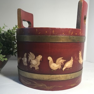 Vintage Basketville Vermont hand painted red wooden bucket, Vintage Basketville hand painted wood and brass bucket, Rustic wooden tote