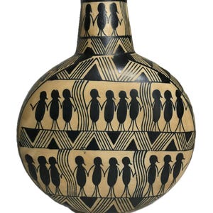 Unique hand painted folk art style vase, matte finish bold pattern vase, black and tan painted people design pottery vase, ceramic boho vase