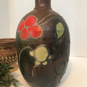 Vintage Signed Raku Vase, Abstract Floral Ceramic Vase, Brutalist Pottery Jug, Hand Painted Textured Studio Art Pottery, 10.5”