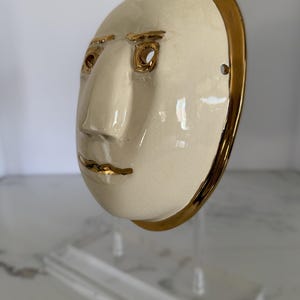 Vintage Signed Ceramic Wall Mask, Ivory Studio Pottery Face Sculpture, Modern 3D Wall Art, Bronze Trim Gallery Wall Decor image 3