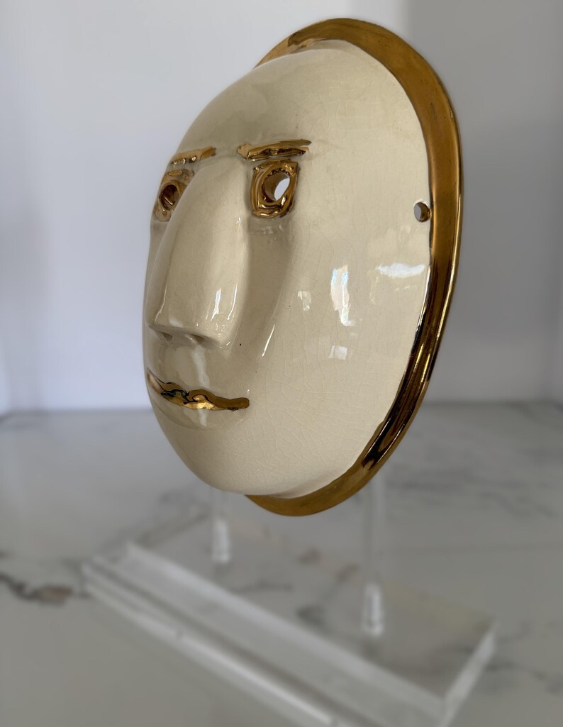 Vintage Signed Ceramic Wall Mask, Ivory Studio Pottery Face Sculpture, Modern 3D Wall Art, Bronze Trim Gallery Wall Decor image 3