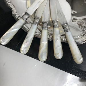 Vintage Gorham Mother of Pearl and silver knives, Vtg Gorham silver banded Mother of Pearl handled small knives, Vintage silver knife