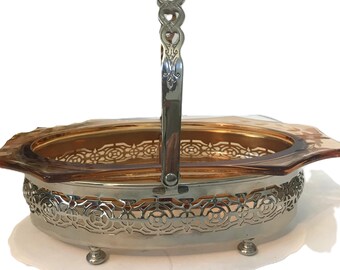 Bandeja para condimentos vintage de Farberware, bandeja vintage para bocadillos de vidrio ámbar grabado y acero inoxidable, plato para condimentos vintage de vidrio ámbar inoxidable de Farberware