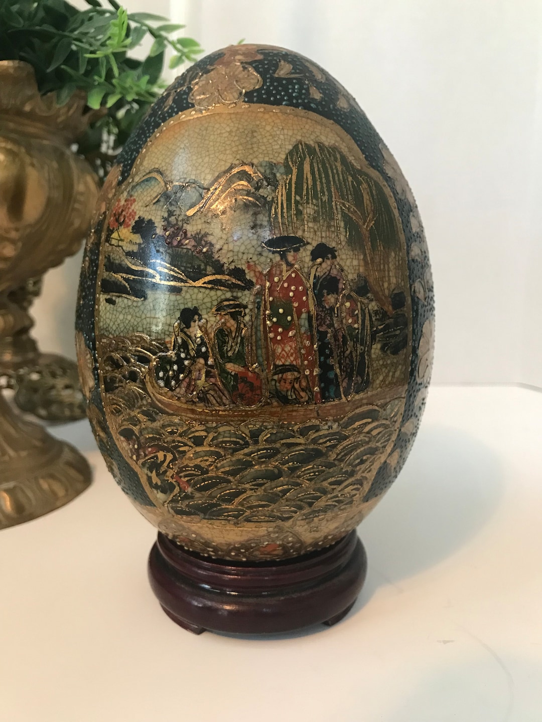 Vintage Satsuma Decorative Egg, Vtg Hand Painted Moriage Egg Decor