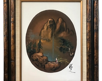 Arte asiatica d'epoca di metà secolo, dipinto a olio originale asiatico, 18x22" firmato dall'artista, dipinto originale firmato Serene waterfall