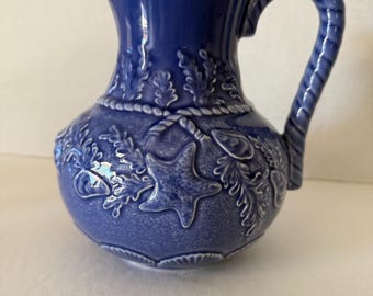 Vintage Bordallo Pinheiro Blue Seashell Pitcher, Embossed Nautical
