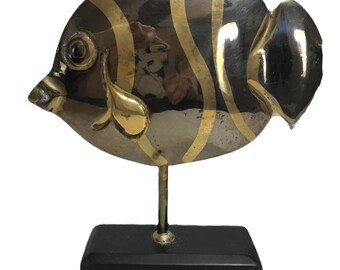 Vintage Brass and Silver Fish Sculpture, Vtg Silver Metal and