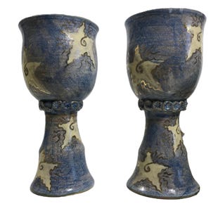 Copas de cerámica con forma de estrella, copas de vino pintadas a mano de cerámica artística, copas grandes de cerámica azul con patrón de estrella, copa de vino de cerámica de estudio