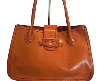 Antonio Melani genuine leather orange and pink handbag purse, Orange with pink stitching leather satchel style handbag purse bag