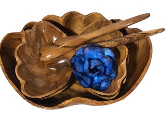 ensemble de bols hawaïens vintage en bois sculpté, ensemble de saladier en bois de palourdes hawaïennes avec bols et ustensiles, ensemble de saladier en bois de palourdes