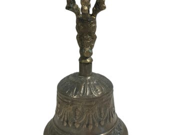 Vintage brass textured bell, Vtg brass bell shelf sitter, Brass Captain's bell with embossed details, brass bell table decor, nautical bell