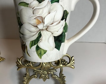 Vintage Pier One Ironstone Magnolia pattern large cup mug, Pier One ceramic ironstone white magnolia 4.5&quot; coffee cup, Pier One Magnolia cup