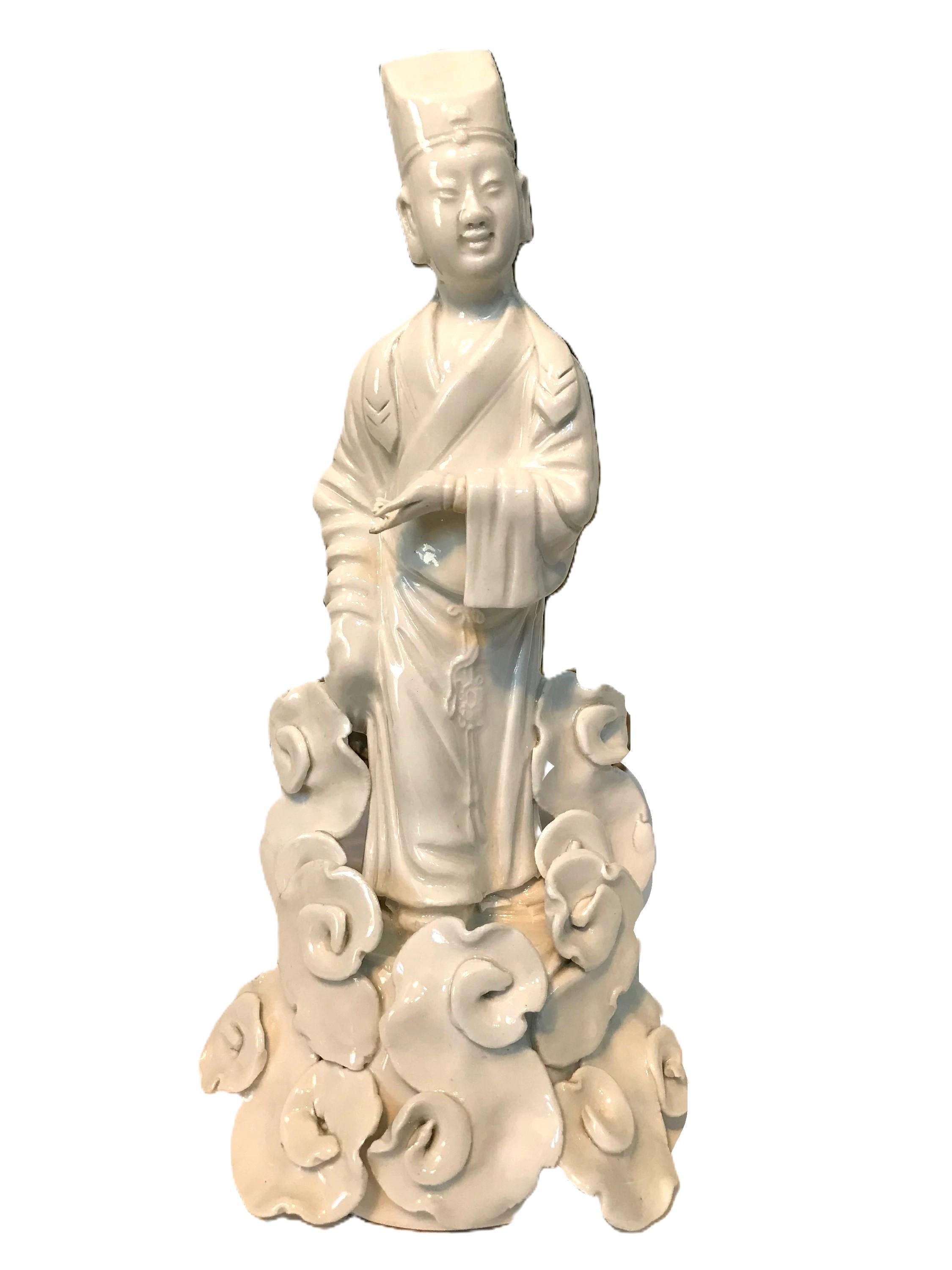 ヴィンテージの白磁道教の仙人像、シノワズリの白磁男性像、白陶器の