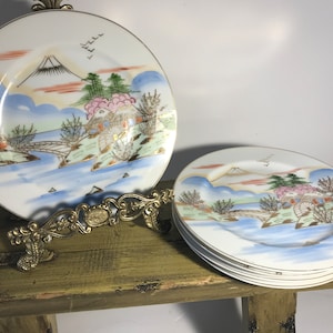 Kutani hand painted porcelain salad plates (5), Kutani village scene with gold hand painted appetizer plates, Kutani hand painted 7&quot; plates