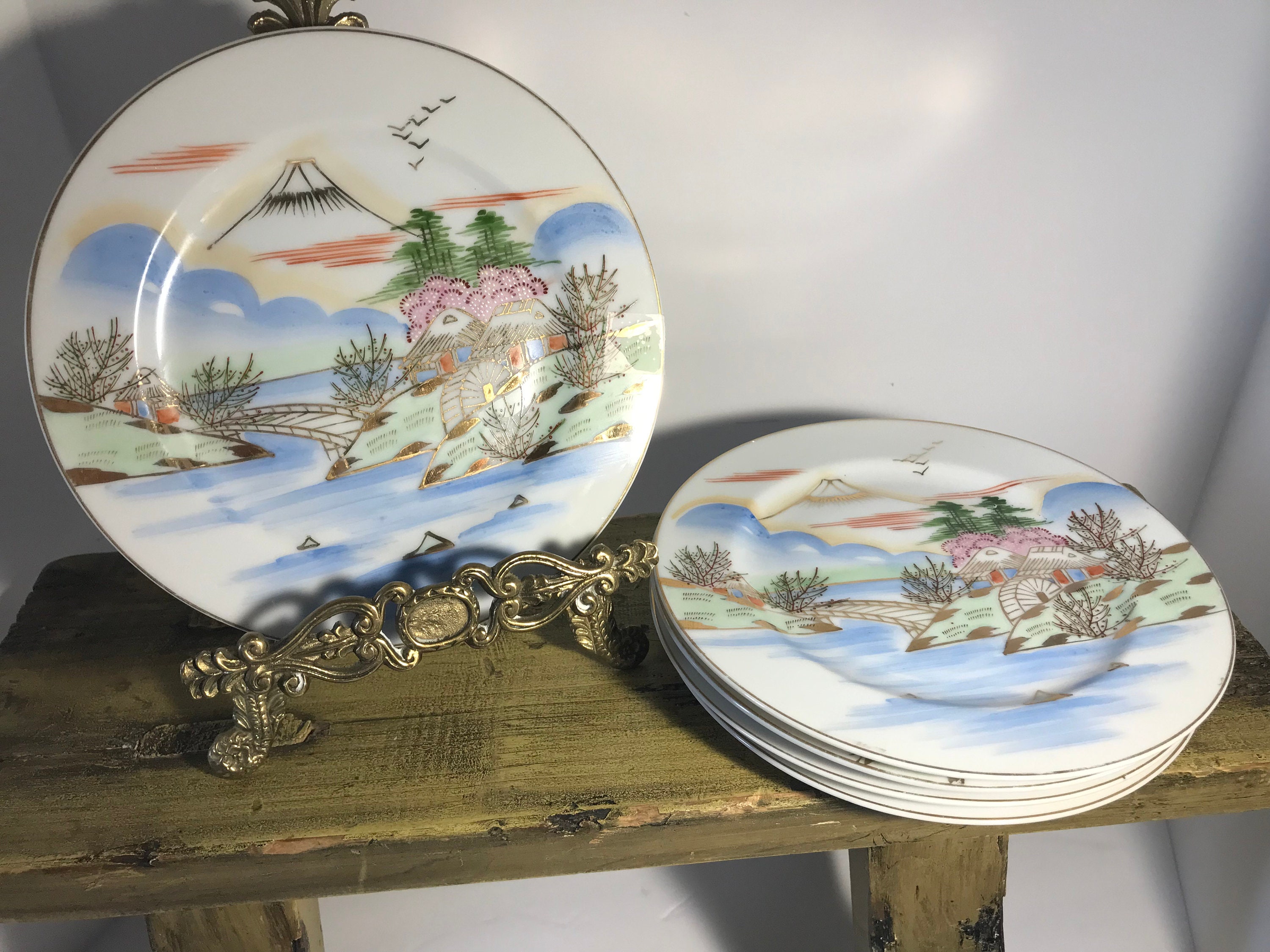 Kutani Hand Painted Porcelain Salad Plates 5 Kutani Village Etsy