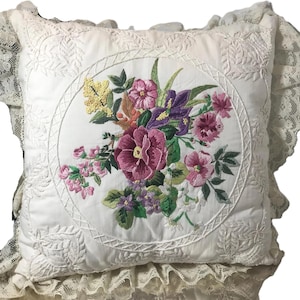 Vintage hand embroidered decorative throw pillow, Vintage embroidered lace accent throw pillow, Shabby Chic white embroidered accent pillow
