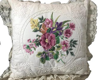 Vintage hand embroidered decorative throw pillow, Vintage embroidered lace accent throw pillow, Shabby Chic white embroidered accent pillow