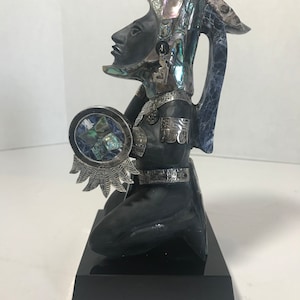 Vintage Handcrafted Black Obsidian Aztec Figure with Sterling and Abalone Inlay – Unique Tribal Art, Mexican Folk Art Black Obsidian Statue