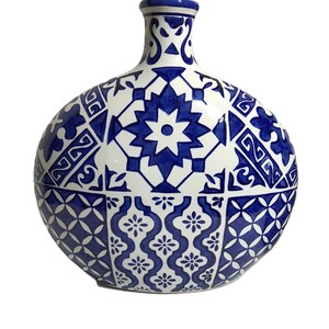 Unique tile patterned white and blue ceramic vase, Blue white flat front wide vase with blue and white tile look hand painted design