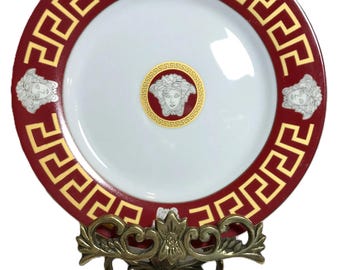 Vintage porcelain red Greek key and Medusa salad plate, Vtg Tirschenreuth Bavaria German Design SMCS red Versace style porcelain 7.5" plate