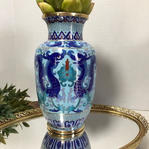 Vintage blue brass cloisonné vase, Vintage Chinoiserie style vibrant patterned vase with brass accents, Elegant Chinoiserie blue dragon vase