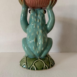 Vintage Majolica Ceramic Frog statue, Vintage Majolica Frog Candle Holder, Green Frog Plant Dish, Whimsical Frog Statue Decor