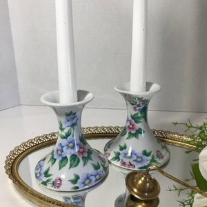 Vintage porcelain floral candle holders, Vintage ceramic floral print candle holder set, elegant floral taper candle holder set of 2.