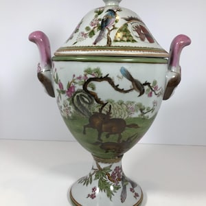 Vintage Chinese Famile Rose style porcelain lidded urn, Whimsical Rose Medallion style urn vase with figural exaggerated handles and design