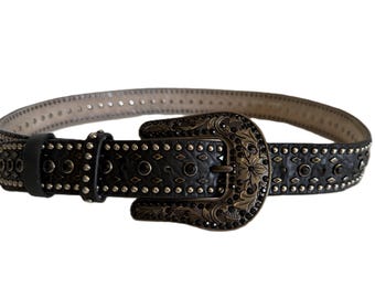 Dark Rhinestone Buckle on Black Tooled Leather Western Belt  display picture 1