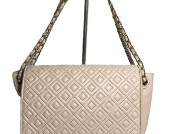 Tory Burch leather diamond quilted pink handbag purse, Tory Burch pink leather quilted handbag with chain strap detail, Tory Burch purse