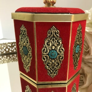 Vintage English red velvet tin, Vintage Blue Bird Confectionery red, gold and turquoise covered tin, Vintage ornate red Blue Bird tin