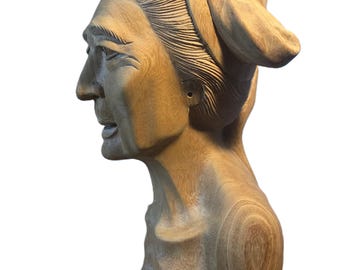 19インチの手彫り木製女性胸像彫刻：ツートンヴィンテージティキ