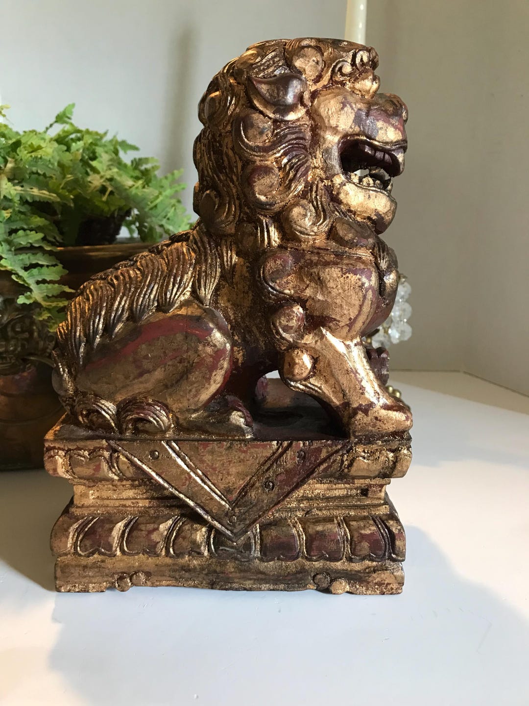 Vintage Foo Dog Large Statue, Vtg Chinese Carved Wood Foo Dog Statue ...