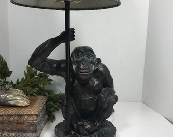 Vintage monkey lamp, carved wood monkey lamp, carved wood look monkey table lamp, boho monkey lamp, safari lamp, unique jungle monkey lamp