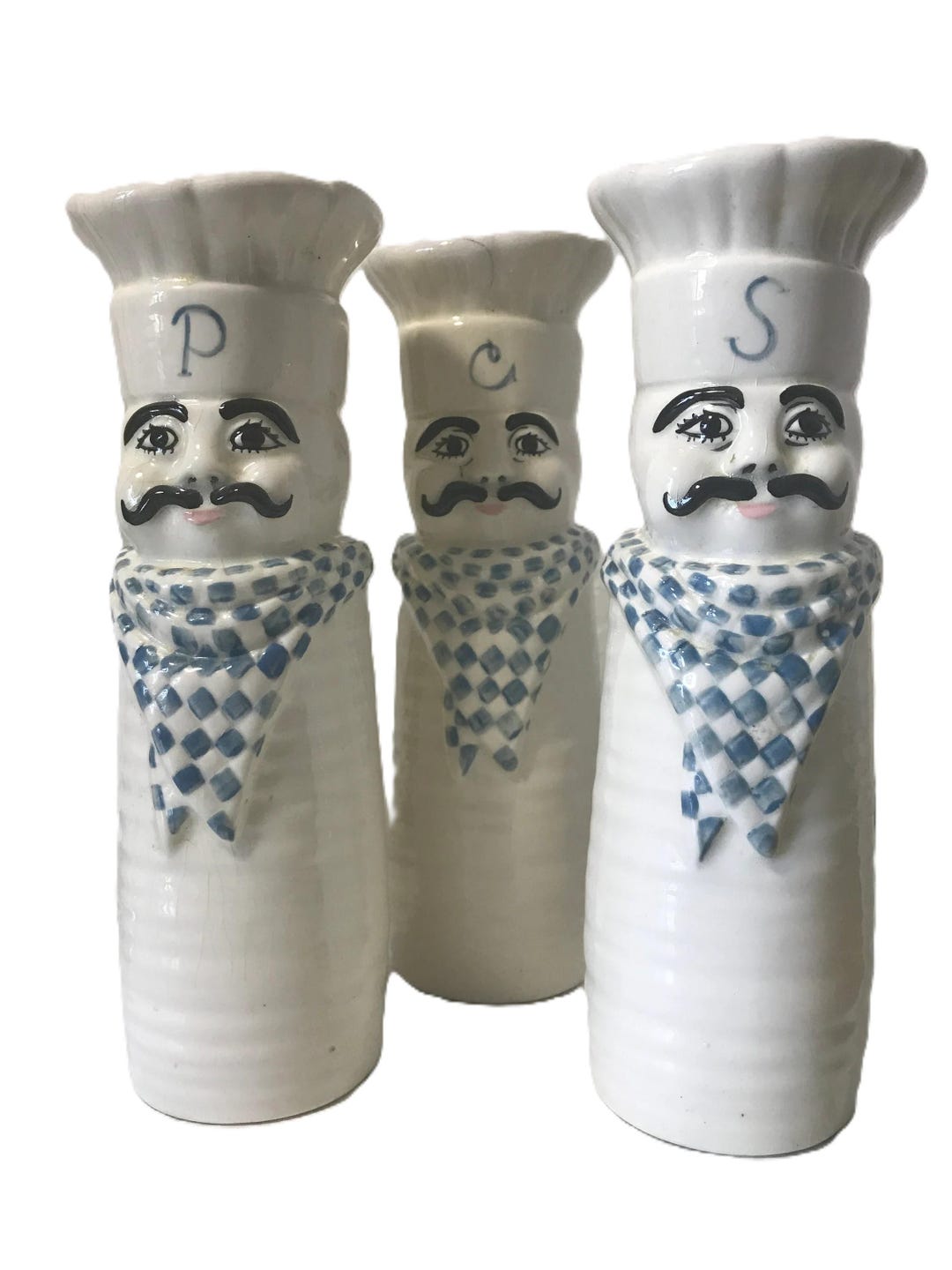 Vintage 70s White Ceramic Chef Salt and Pepper Shakers and Large Cheese ...
