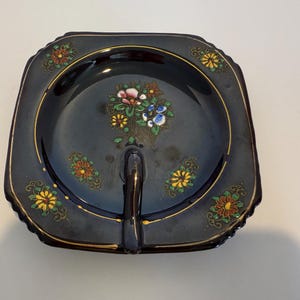 Posacenere portaoggetti in ceramica giapponese marrone dipinta a mano, vintage anni '50, portamonete in ceramica marrone con motivo floreale in rilievo dipinto a mano.