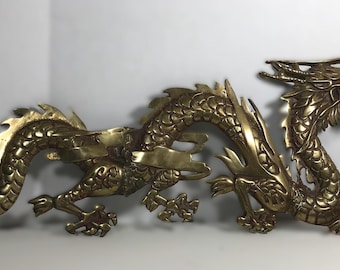 Large Vintage Brass Dragon Wall Sculpture Chinoiserie Hollywood Regency Asian Wall Art 28.5" MCM Decor