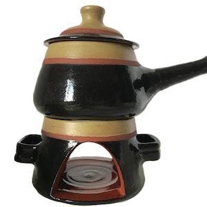 Vintage signed pottery fondue pot, Vintage art pottery glazed simmer pot and base, Vintage art pottery fondue pot with base, Vintage pottery