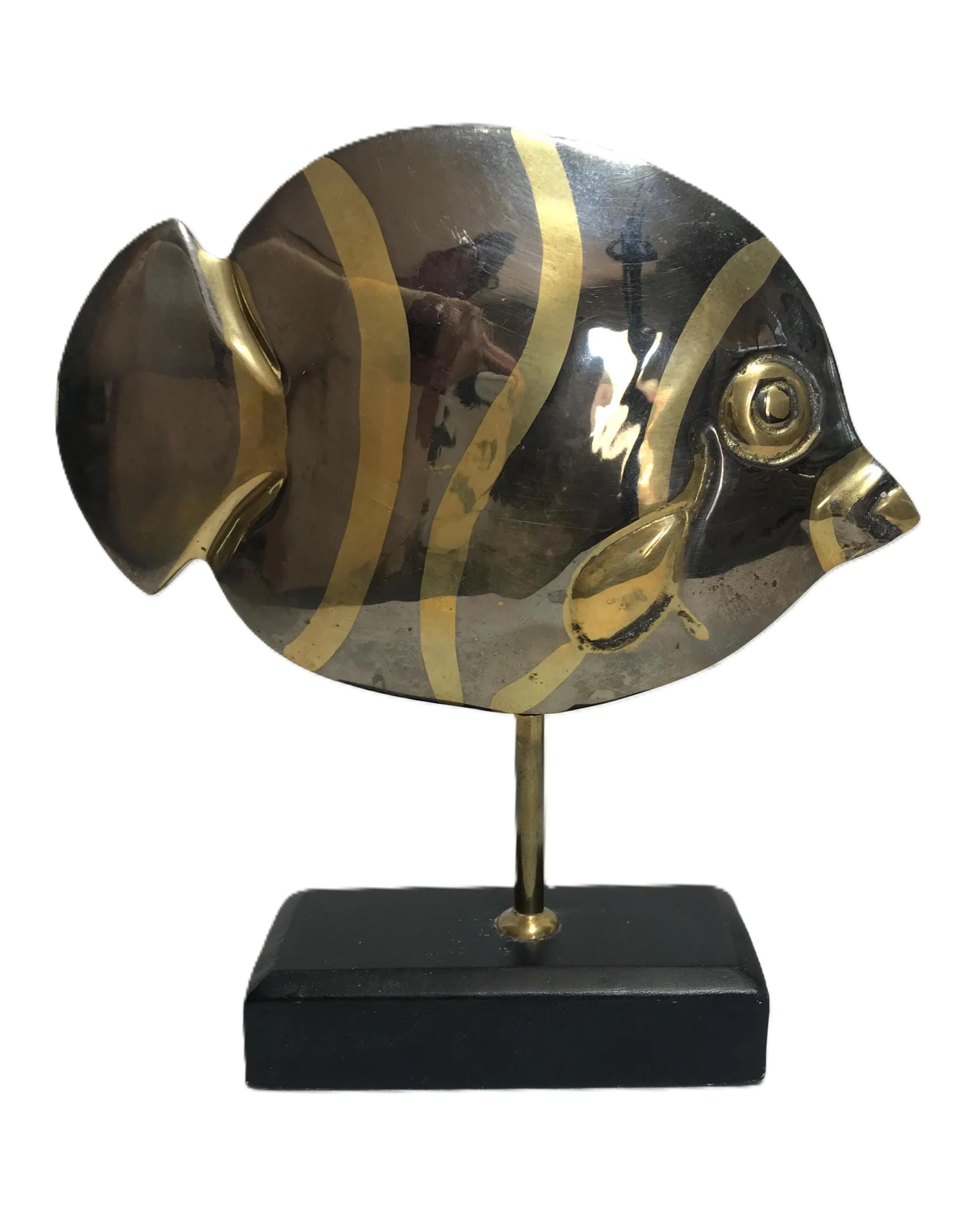 Vintage Brass and Silver Fish Sculpture, Vtg Silver Metal and