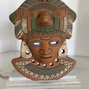 Vintage terracotta wall mask, hand-painted red clay pottery face, artisan Mexico wall decor in Mayan-style design image 1