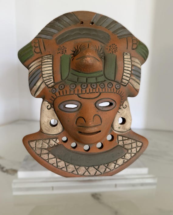 Vintage terracotta wall mask, hand-painted red clay pottery face, artisan Mexico wall decor in Mayan-style design