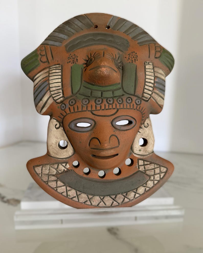 Vintage terracotta wall mask, hand-painted red clay pottery face, artisan Mexico wall decor in Mayan-style design image 1