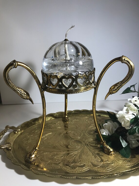 Vintage Brass Swan Oil Light, Brass and Blown Glass Oil Candle 