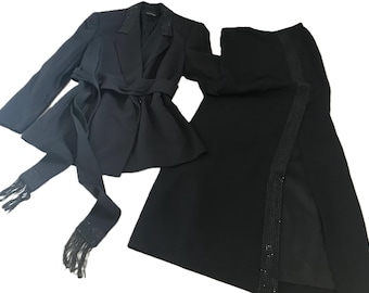 Traje de noche de seda vintage Escada: conjunto formal negro de 3 piezas (chaqueta, falda y cinturón), ropa formal vintage Escada, traje de noche negro Escada