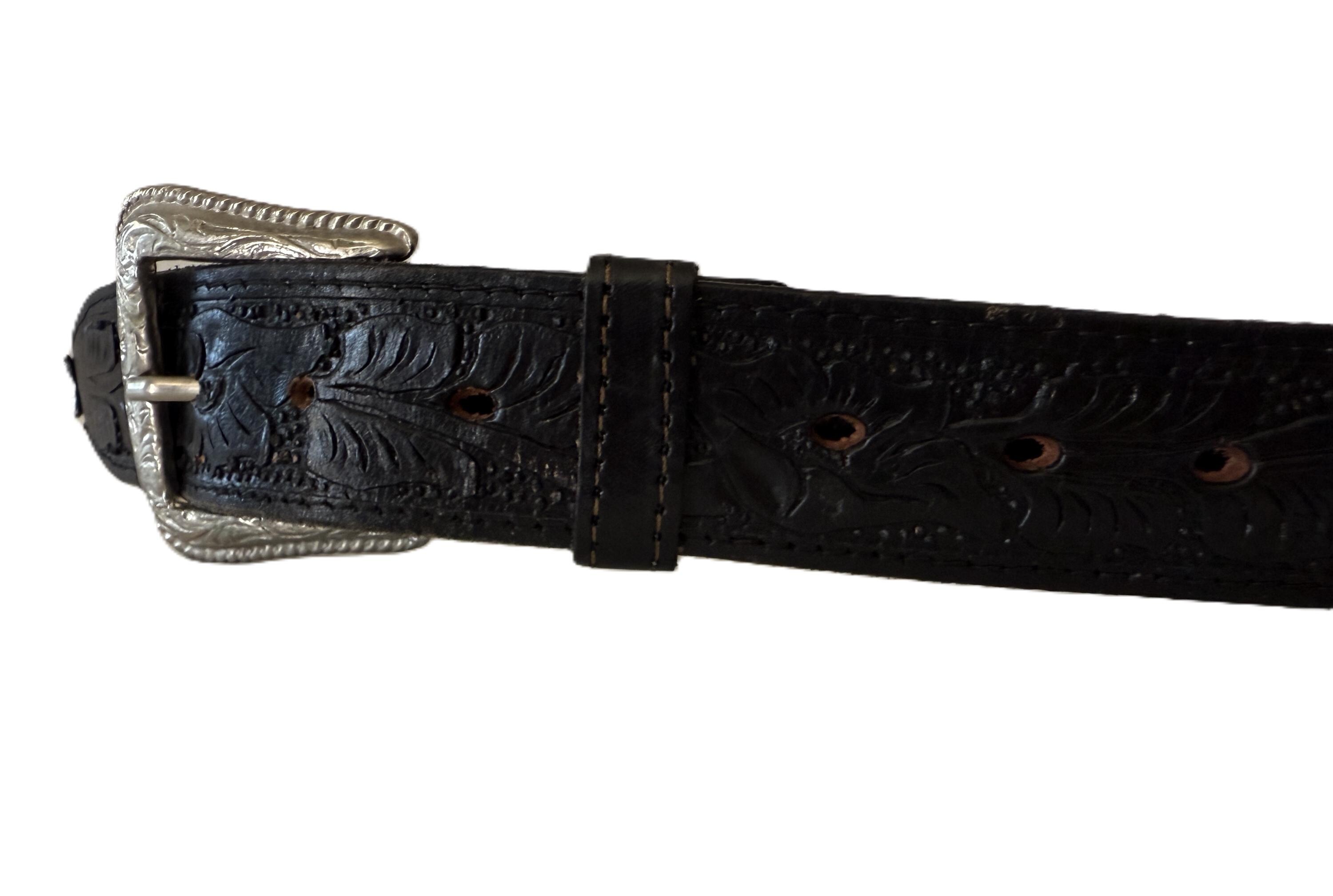 Vintage Tooled Leather Black Reynagas Western Belt, Size 42  display picture 3