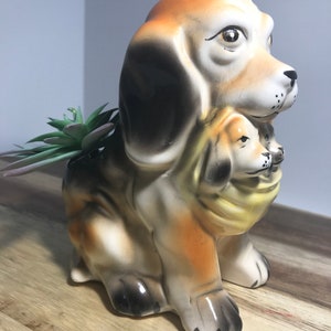 Vintage Ruben&#39;s ceramic dog with puppies planter, Vintage Ruben&#39;s dog carrying puppies retro planter, Retro dog planter marked Rubens